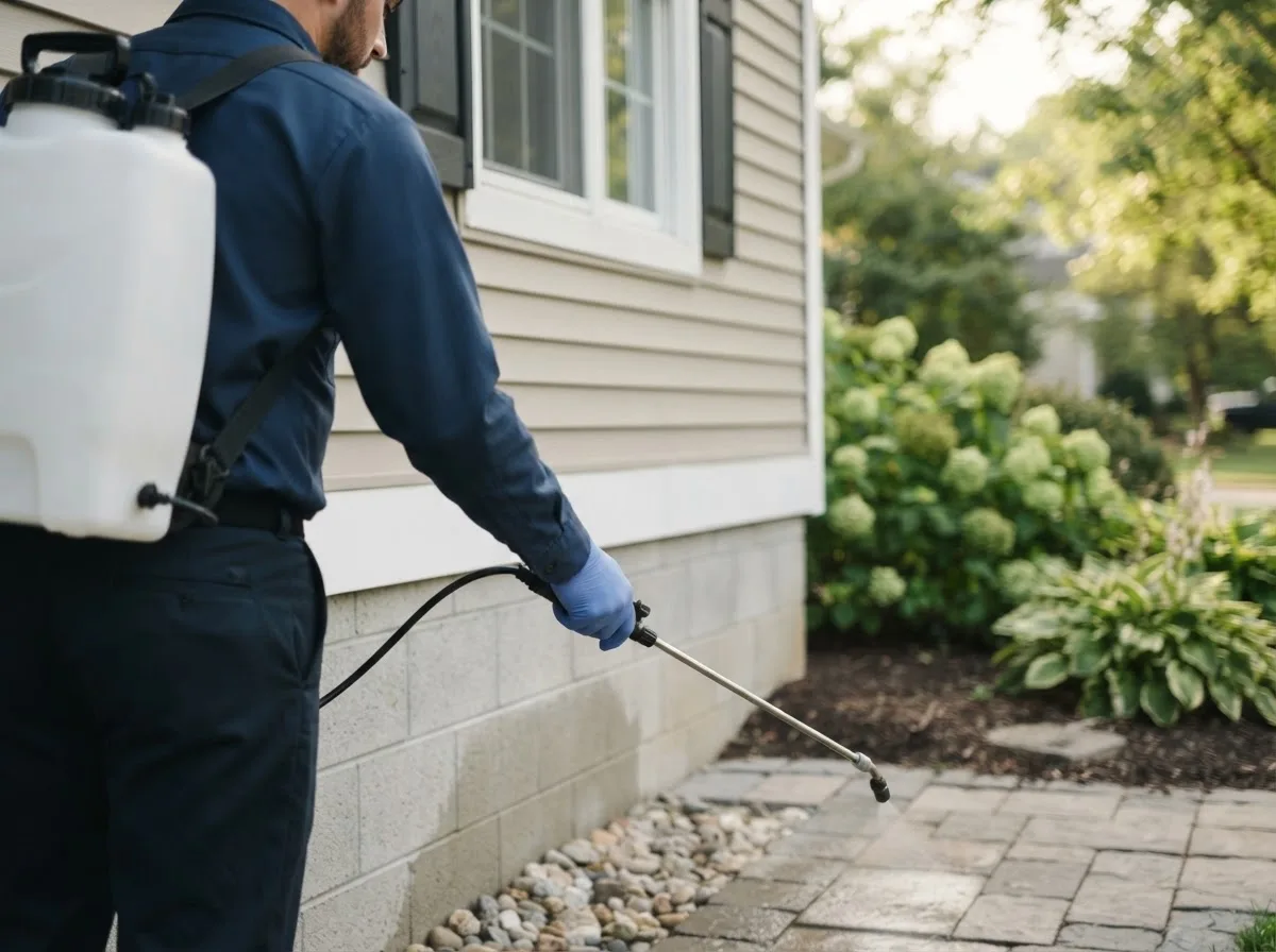 Pest control technician inspecting a home in Lambertville, MI